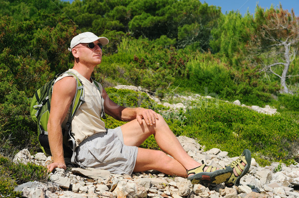 Outdoor man resting on rock after hiking, Croatia Stock photo © brozova
