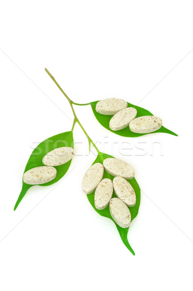 Natural supplement pills and fresh leaves – alternative medicine concept Stock photo © brozova