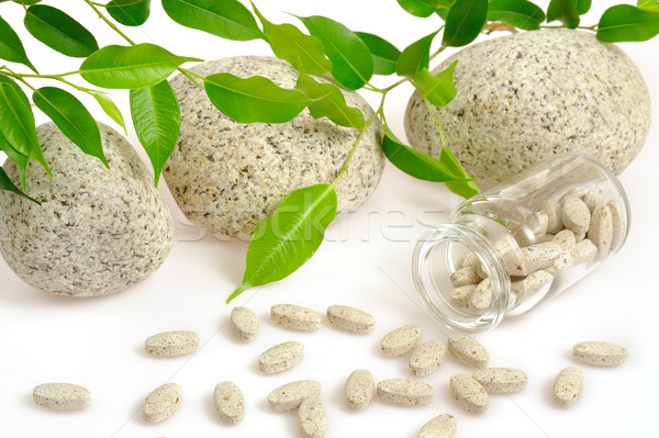 Szárított növénygyűjtemény kiegészítő tabletták ki üveg alternatív gyógymód Stock fotó © brozova