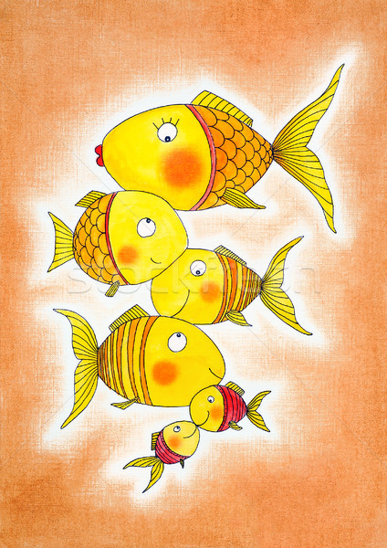 Group of gold fish, child's drawing, watercolor painting on paper Stock photo © brozova