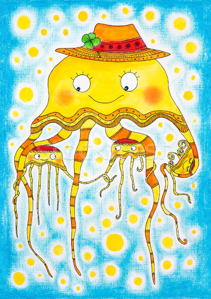 Jellyfish family, child's drawing, watercolor painting on paper Stock photo © brozova