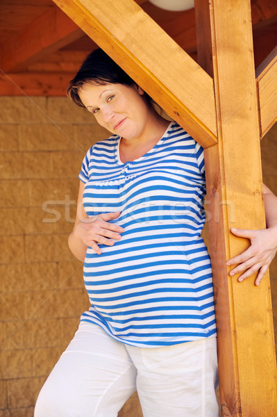 Jonge zwangere vrouw permanente huis gezicht gebouw Stockfoto © brozova