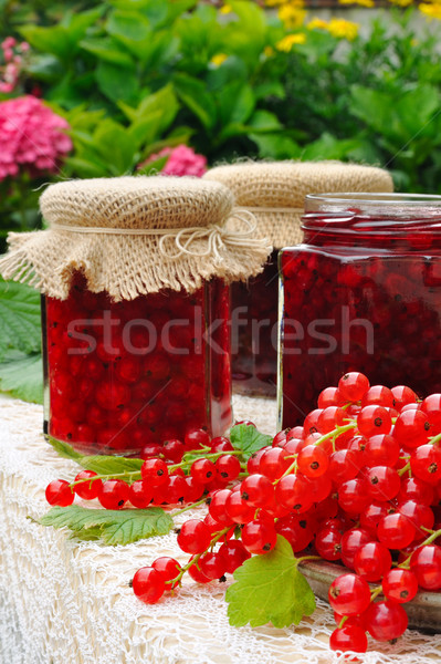 Jars of homemade red currant jam with fresh fruits Stock photo © brozova