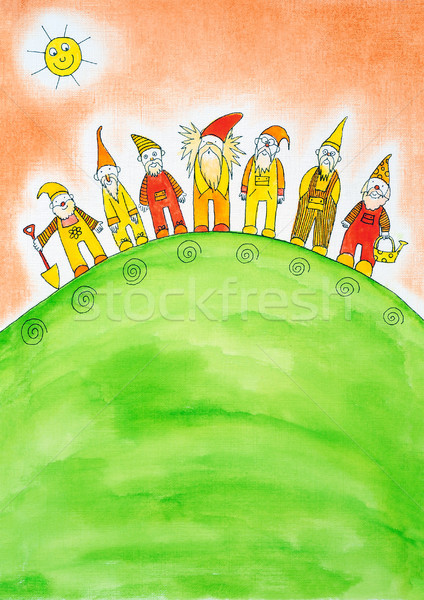 Stock photo: Seven dwarfs, child's drawing, watercolor painting on paper