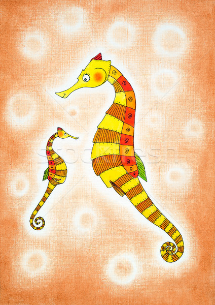 Seahorses, child's drawing, watercolor painting on paper Stock photo © brozova