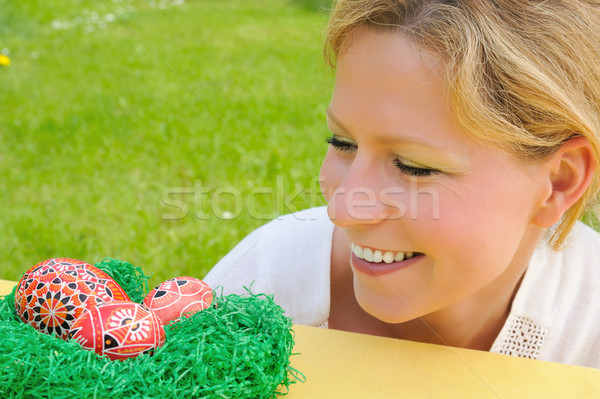 Ostereier Frau Frühling glücklich Ei Stock foto © brozova