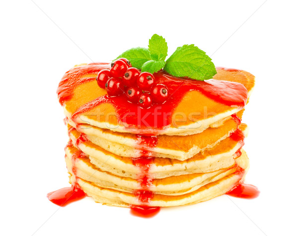 Stock photo: Pancake with red currant sauce and mint
