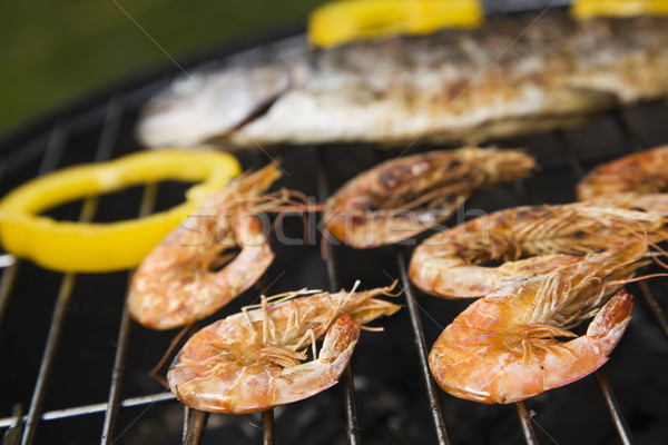 Foto stock: Mariscos · parrilla · fiesta · fuego · jardín · humo