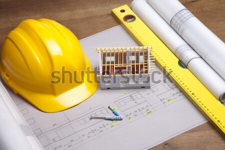 Blauwdrukken werk tools huis gebouw bouw Stockfoto © BrunoWeltmann