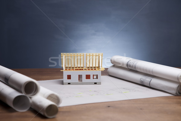 Blauwdrukken werk tools huis gebouw bouw Stockfoto © BrunoWeltmann