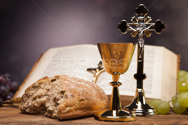 Sacred objects, bible, bread and wine Stock photo © BrunoWeltmann