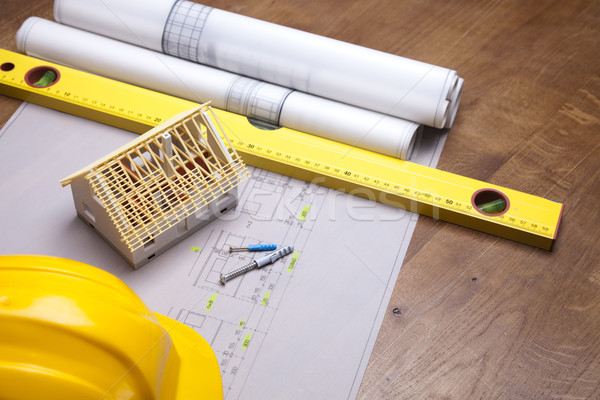 Blauwdrukken werk tools huis gebouw bouw Stockfoto © BrunoWeltmann