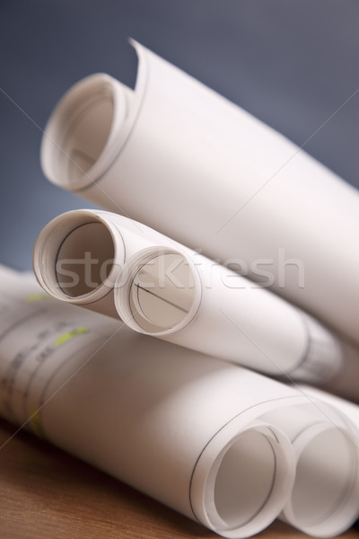 Blauwdrukken werk tools huis gebouw bouw Stockfoto © BrunoWeltmann