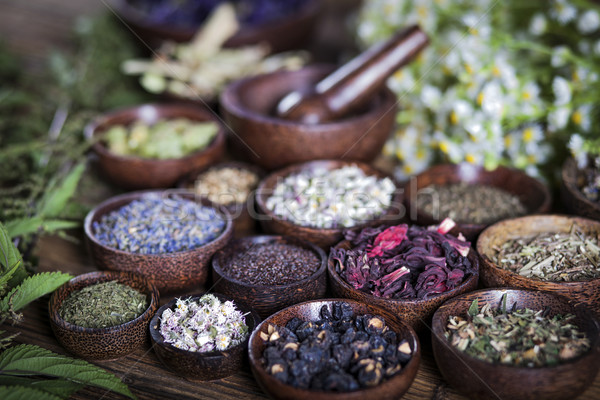 Foto stock: Antigo · medicina · chinesa · ervas · flor · madeira · médico