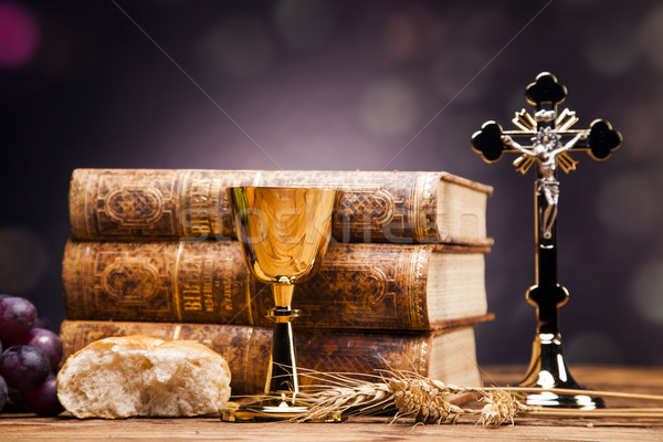 Sacred objects, bible, bread and wine. Stock photo © BrunoWeltmann