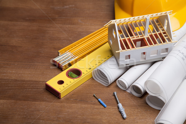 Blauwdrukken werk tools huis gebouw bouw Stockfoto © BrunoWeltmann