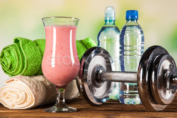Egészséges étrend fehérje gyümölcsök sport fitnessz víz Stock fotó © BrunoWeltmann