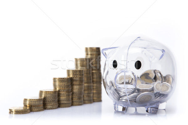 Foto stock: Poupança · piggy · bank · dinheiro · isolado · branco · vidro