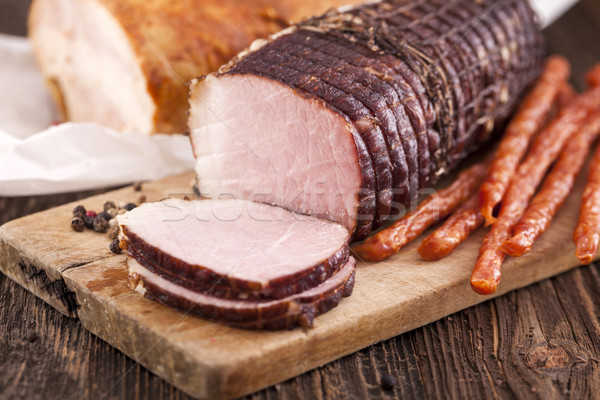 Delicious ham on wooden desk closeup Stock photo © BrunoWeltmann