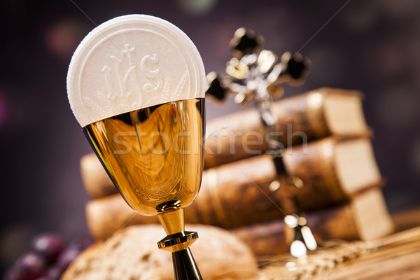 Sacred objects, bible, bread and wine Stock photo © BrunoWeltmann