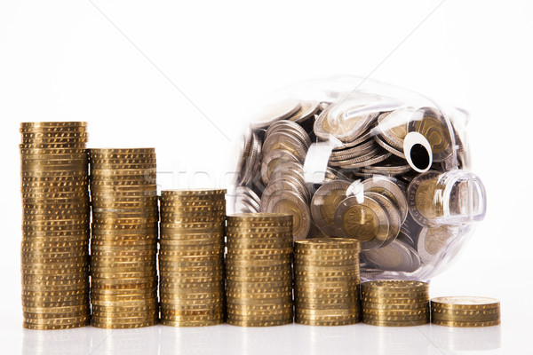 Foto stock: Poupança · piggy · bank · dinheiro · isolado · branco · vidro