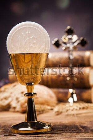 Sacred objects, bible, bread and wine. Stock photo © BrunoWeltmann