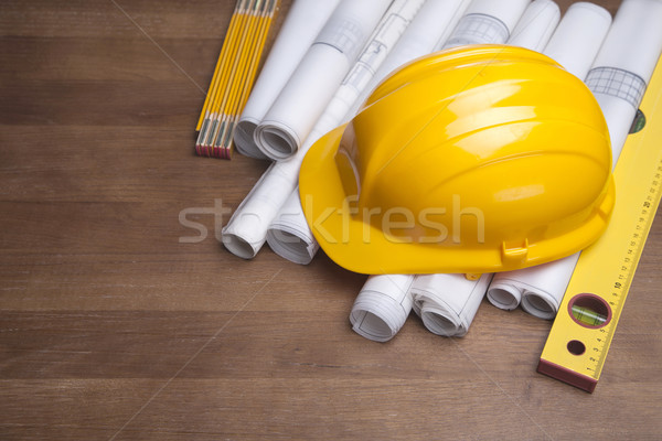 Blauwdrukken werk tools huis gebouw bouw Stockfoto © BrunoWeltmann