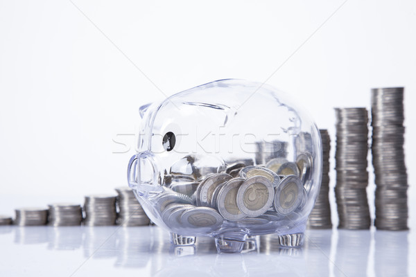 Zdjęcia stock: Oszczędności · banku · piggy · ceny · odizolowany · biały · szkła
