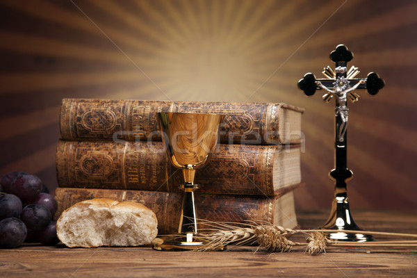 Sacred objects, bible, bread and wine. Stock photo © BrunoWeltmann