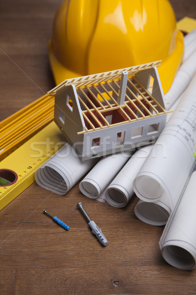 Blauwdrukken werk tools huis gebouw bouw Stockfoto © BrunoWeltmann