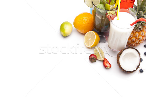 Stock foto: Exotischen · Alkohol · Getränke · Set · Früchte · isoliert