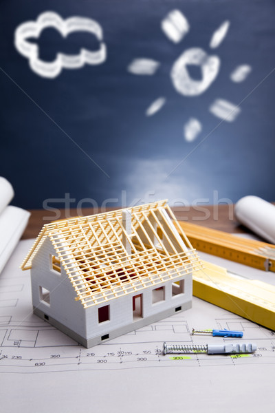 Blauwdrukken werk tools huis gebouw bouw Stockfoto © BrunoWeltmann