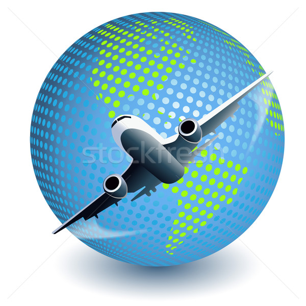 Vliegtuig illustratie Blauw wereldbol witte kaart Stockfoto © brux