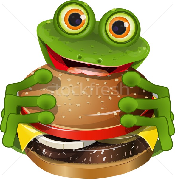 Foto stock: Rana · hamburguesa · con · queso · ilustración · alegre · verde · delicioso