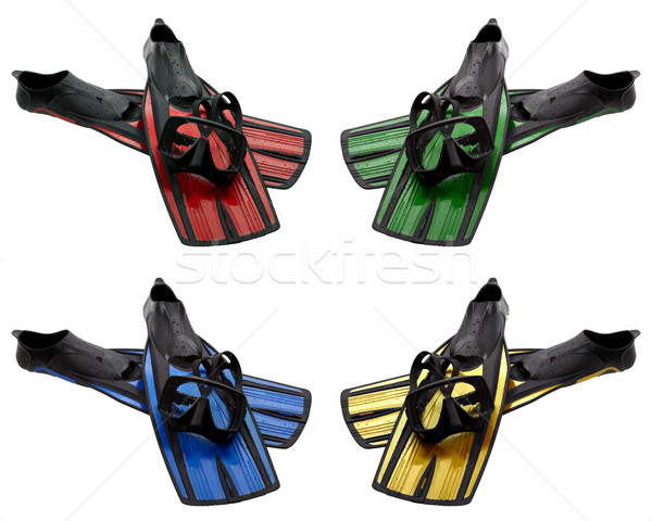 Set of multicolored masks and flippers with water drops Stock photo © BSANI