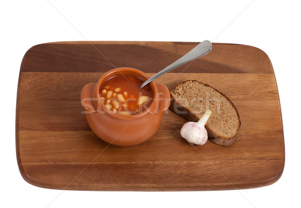 Stockfoto: Soep · klei · pot · brood · knoflook · houten