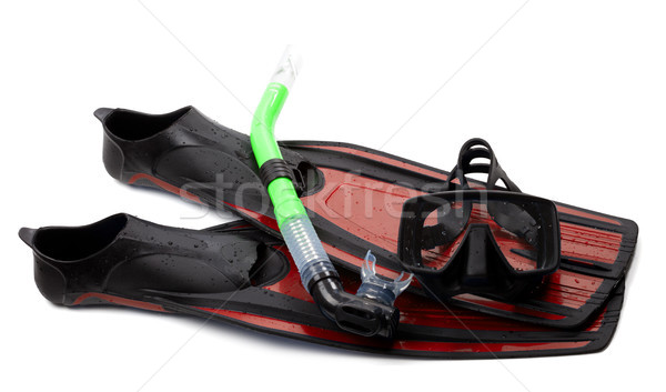 Stock photo: Mask, snorkel and flippers with water drops