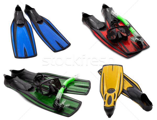 Foto d'archivio: Set · multicolore · maschera · snorkel · diving · gocce · d'acqua