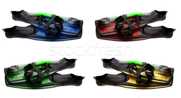 Set of multicolored mask, snorkel and flippers with water drops Stock photo © BSANI