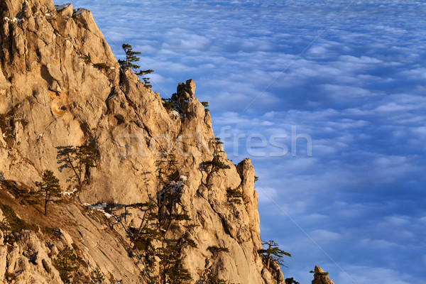 Sunlit cliffs and sea in clouds at evening Stock photo © BSANI