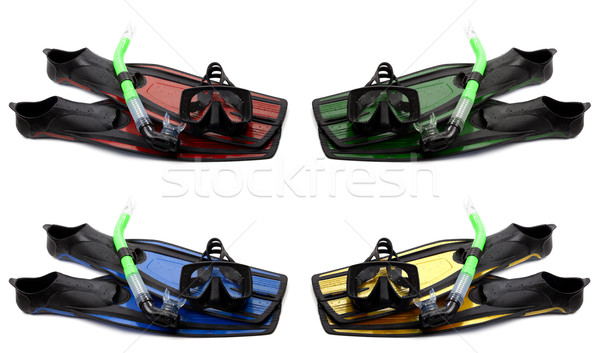 Set of multicolored flippers, mask and snorkel with water drops Stock photo © BSANI