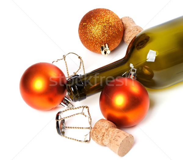 Empty bottle of wine, corks, muselets and Christmas decorations Stock photo © BSANI