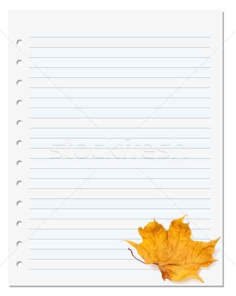 Notebook paper with autumn dry maple leaf on white Stock photo © BSANI