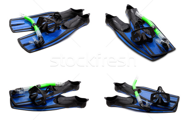 Set of blue swim fins, mask and snorkel for diving on white back Stock photo © BSANI