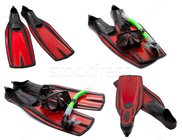 Set of red flippers, mask, snorkel for diving with water drops Stock photo © BSANI