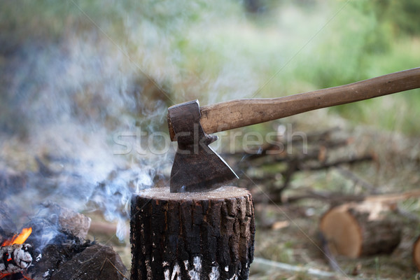 Axe in tree stump and campfire with smoke Stock photo © BSANI