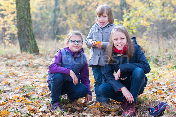 Three sisters in the autumnal forest smiling Stock photo © bubutu