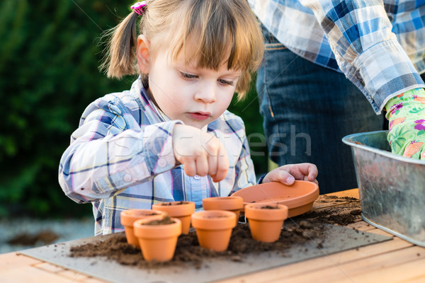 Girl planting flower seeds into pots with her mother Stock photo © bubutu