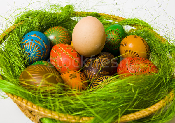 Húsvéti tojások részlet kosár színes húsvét dekoráció Stock fotó © Bumerizz