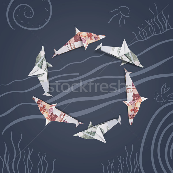 Foto stock: Origami · golfinho · notas · fora · pintado · mar